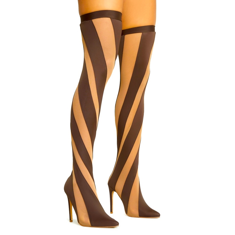 Pointed toe mesh panel detail thigh high boot
